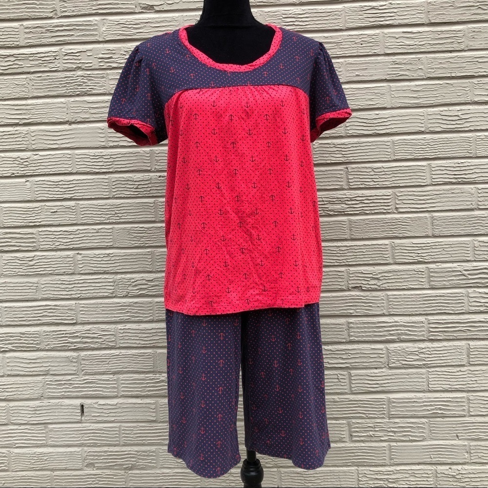 Sleep Sense Red & Navy Blue Anchor Print Pajama 2Pc Set Medium Top & Small Pants